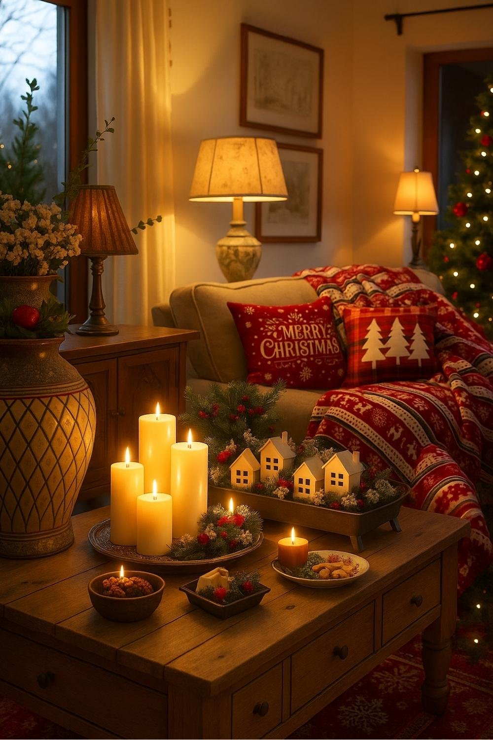 Neutral living room decorated with plaid pillows, soft lighting, and a slim Christmas tree for a calm holiday look.