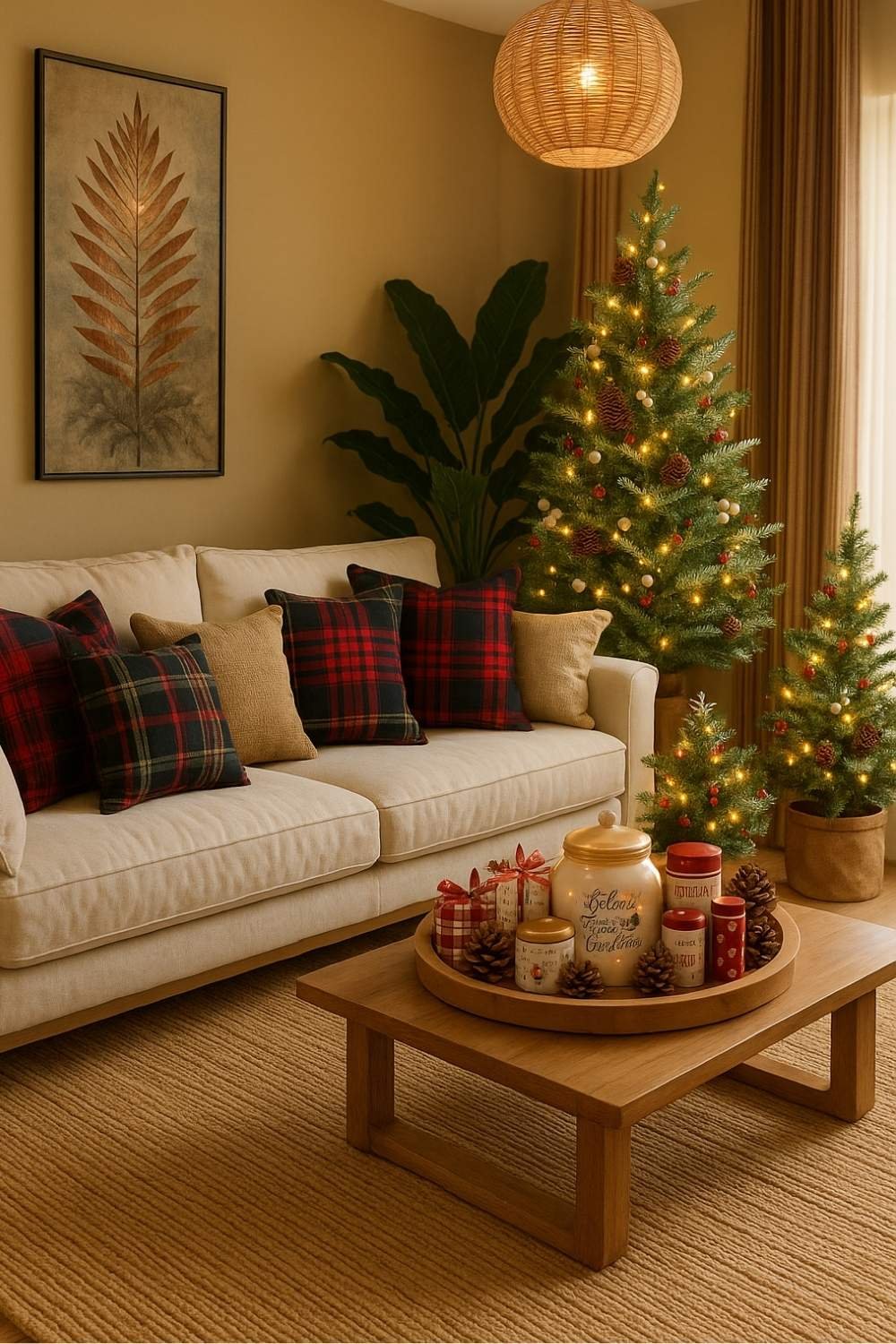 Neutral living room decorated with plaid pillows, soft lighting, and a slim Christmas tree for a calm holiday look.