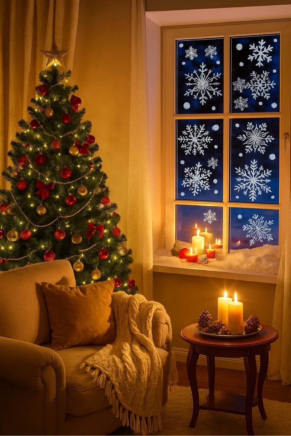 Neutral living room decorated with plaid pillows, soft lighting, and a slim Christmas tree for a calm holiday look.