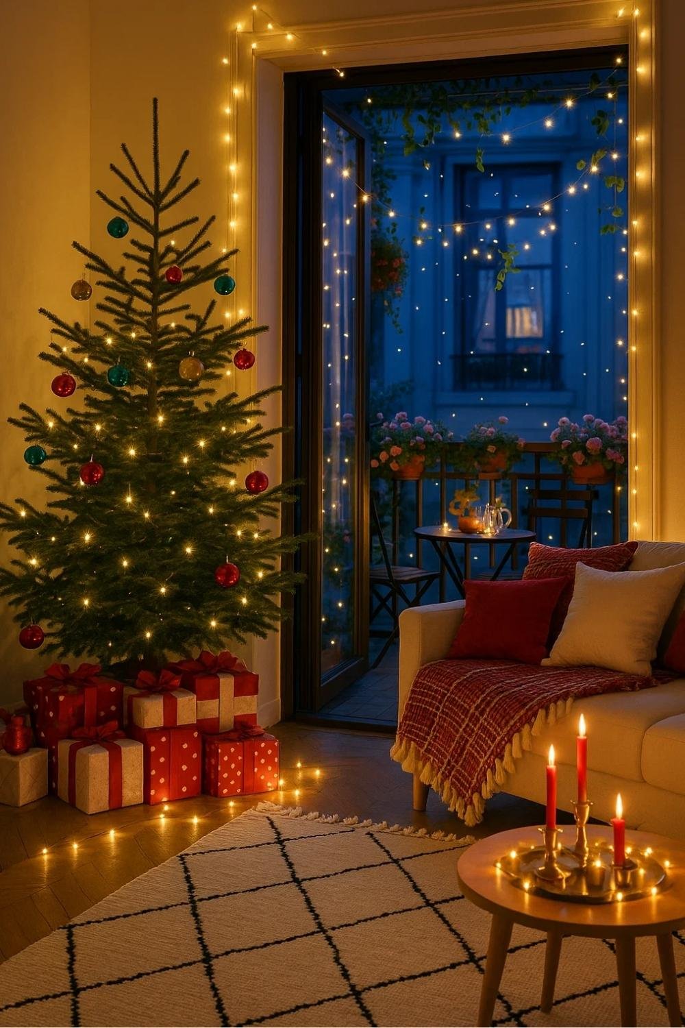 Stacked holiday gift boxes arranged neatly under a glowing Christmas tree, paired with warm fairy lights and cozy seating for a beautifully styled small-apartment Christmas corner.