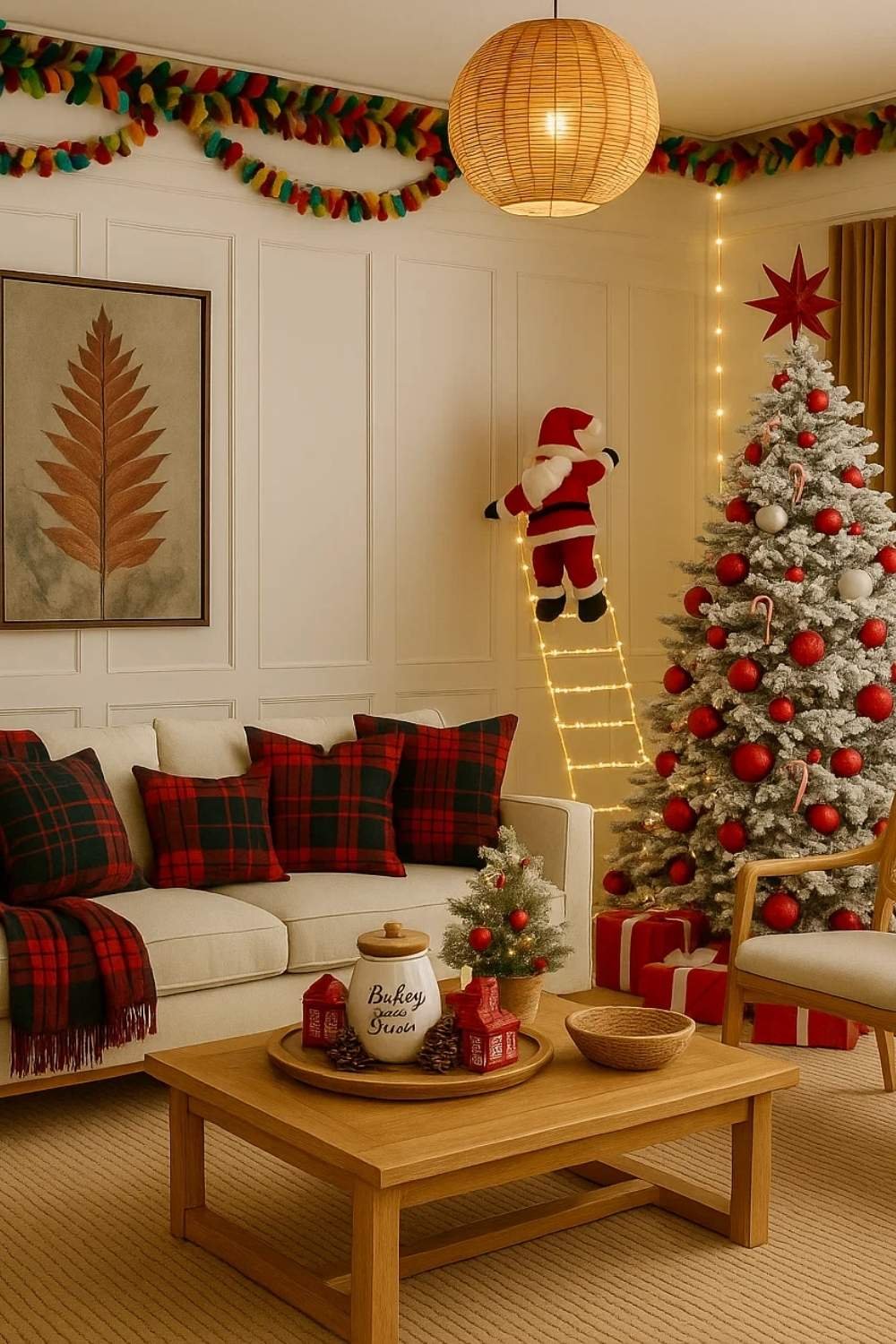 Cozy Christmas living room decorated with a snowy Christmas tree, plaid pillows, colorful garlands, and a Santa climbing LED ladder for a festive holiday atmosphere.