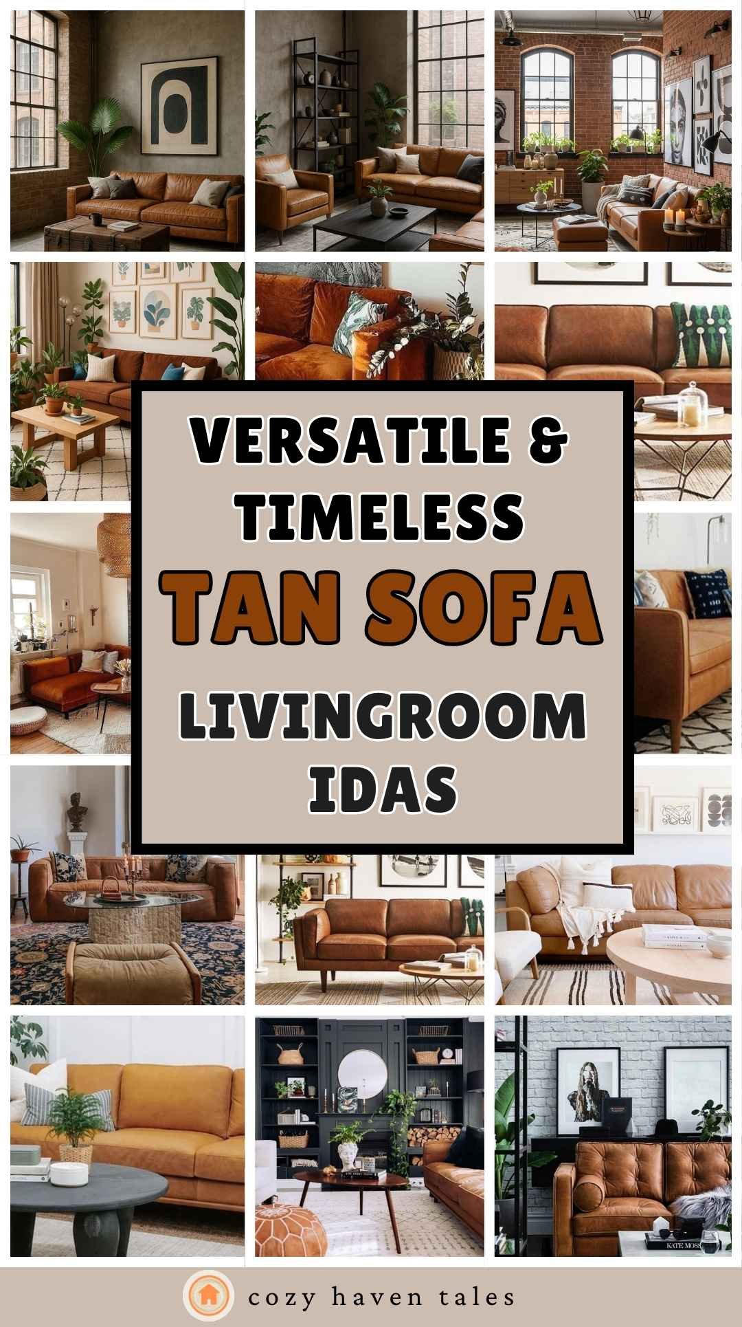 Collage of versatile tan sofa living room ideas featuring warm neutral décor, modern layouts, cozy textures, and stylish interior design inspiration.