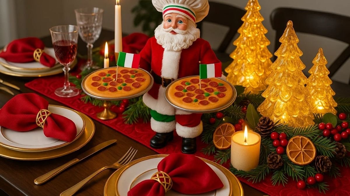 Italian chef Santa figurine holding two pizzas with Italian flags, displayed as part of a festive Christmas dining table decorated with gold plates, red napkins, candles, pine greenery, and glowing Christmas tree ornaments.