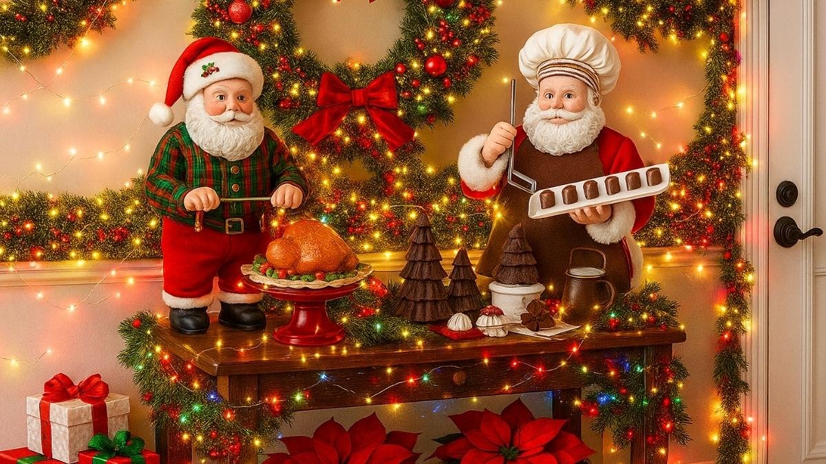 Christmas kitchen display with two Santa Claus chef figurines cooking turkey and chocolate treats surrounded by garland, wreath lights, and holiday gifts.