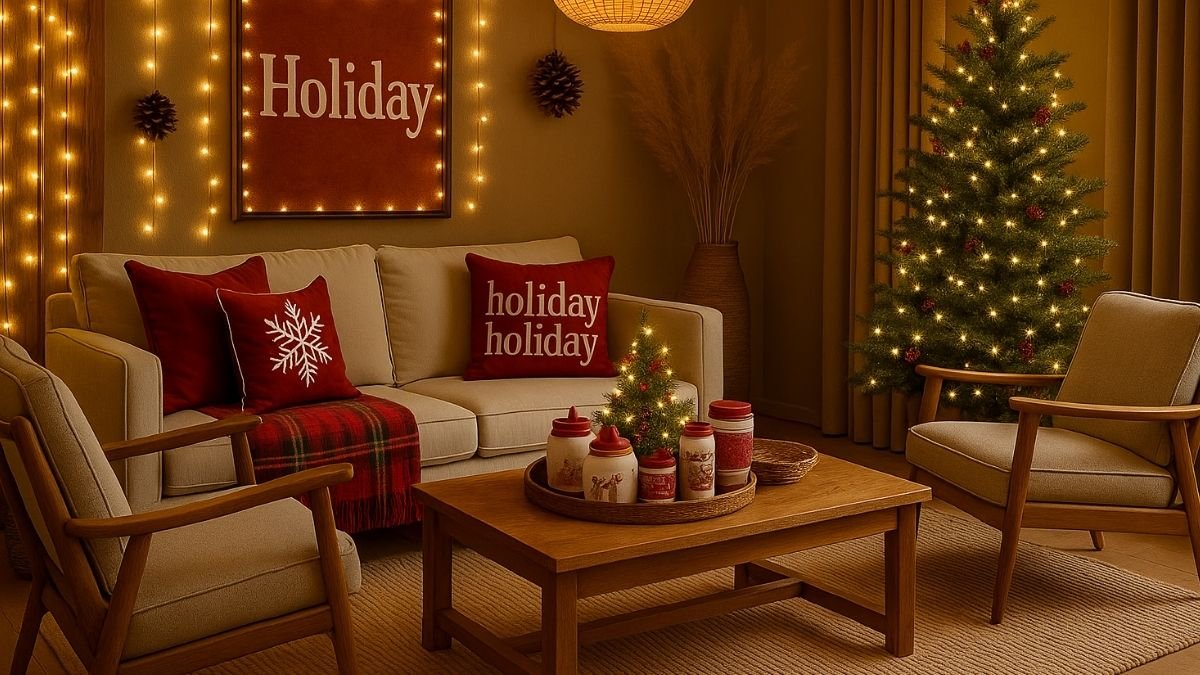 Cozy small apartment living room decorated for Christmas with warm string lights, a lit tree, festive pillows, and holiday accents on a wooden coffee table.