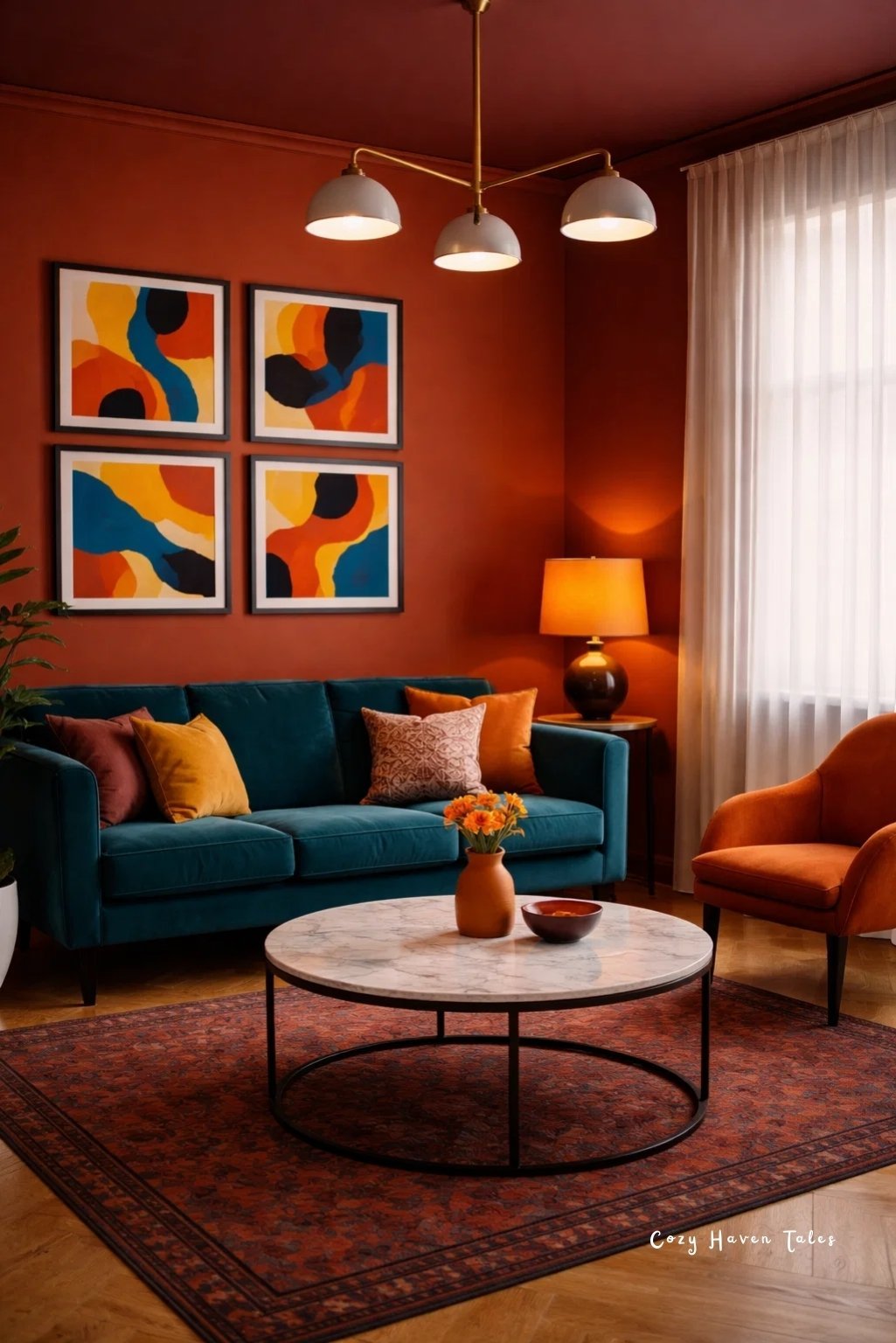 Warm-toned living room showcasing bold colors, layered textures, and statement art inspired by 2026 home decor trends.