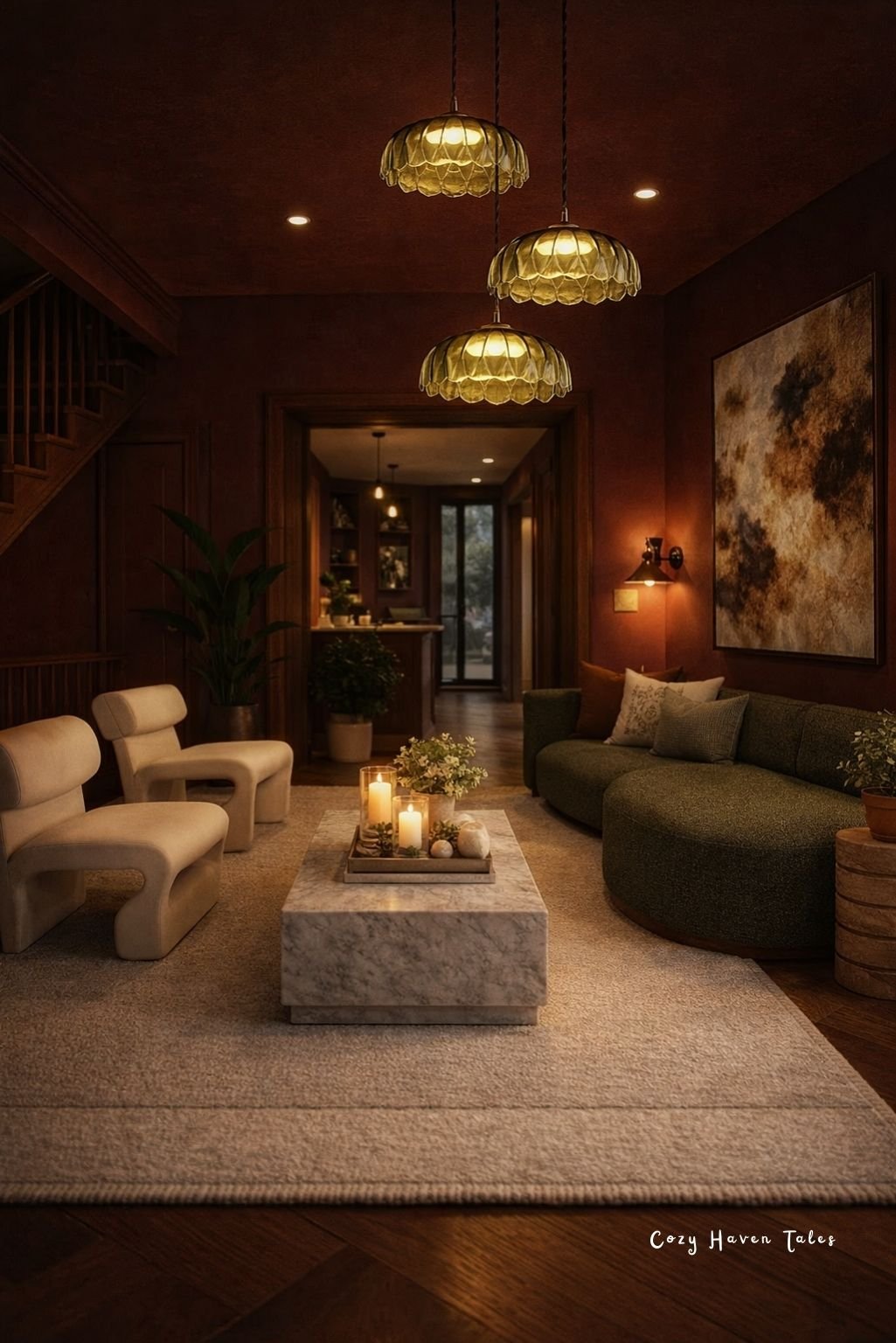 Moody living room with sculptural pendant lights, warm brown walls, and organic furniture highlighting 2026 home decor trends.