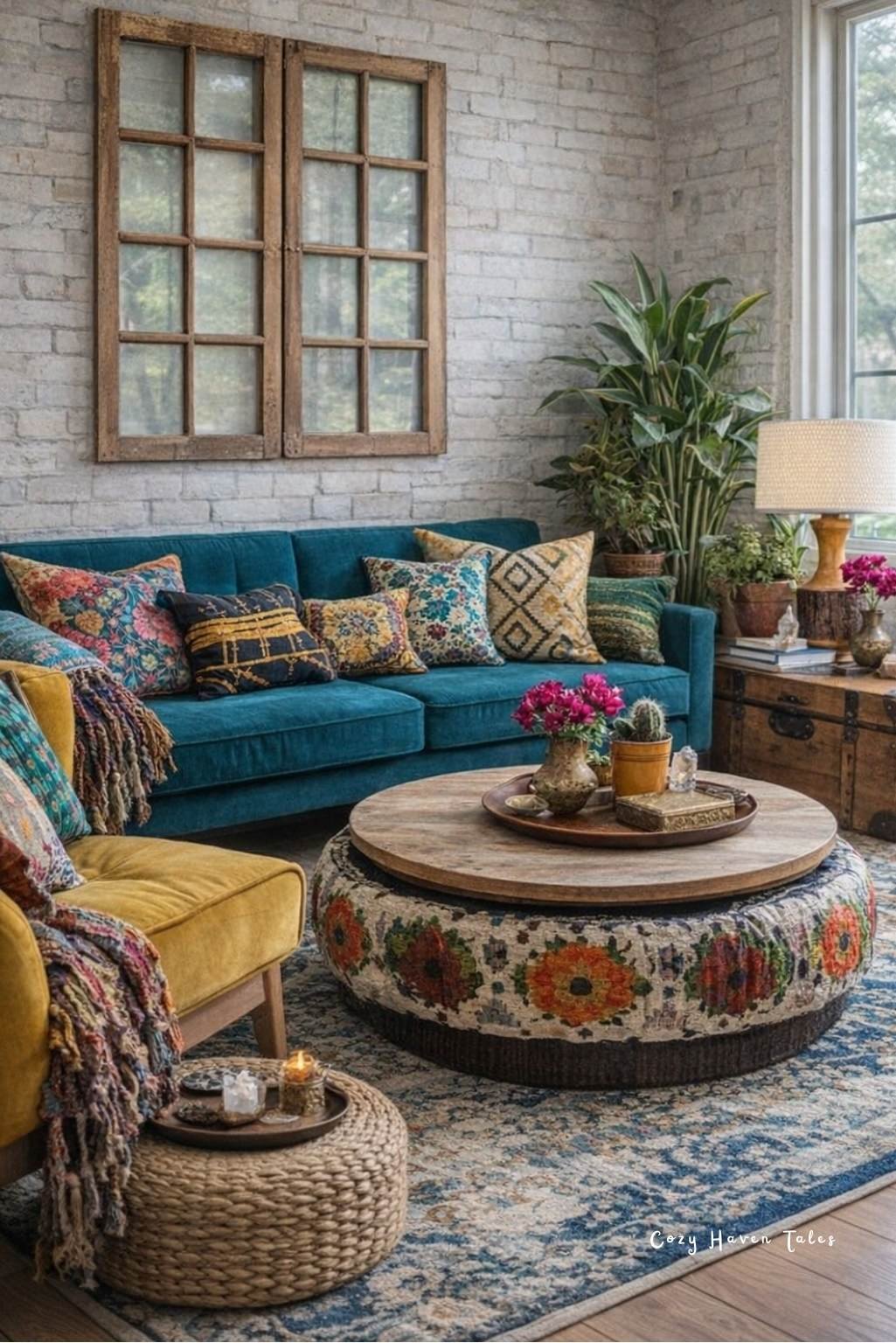 Layered living room with colorful textiles, vintage-inspired furniture, and warm tones reflecting 2026 home decor trends.