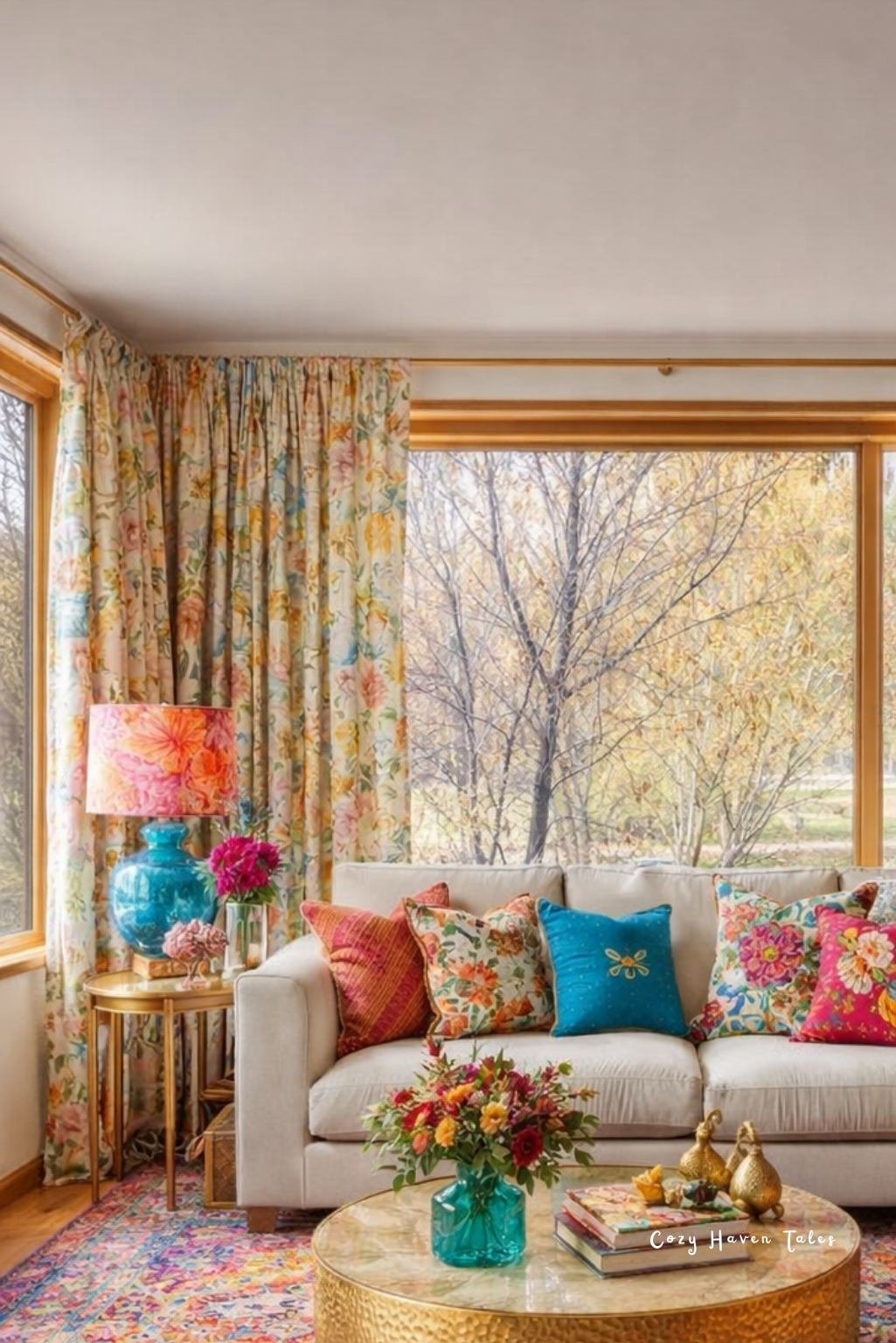 Bright living room with bold fabrics, colorful cushions, and expressive decor inspired by 2026 home decor trends.