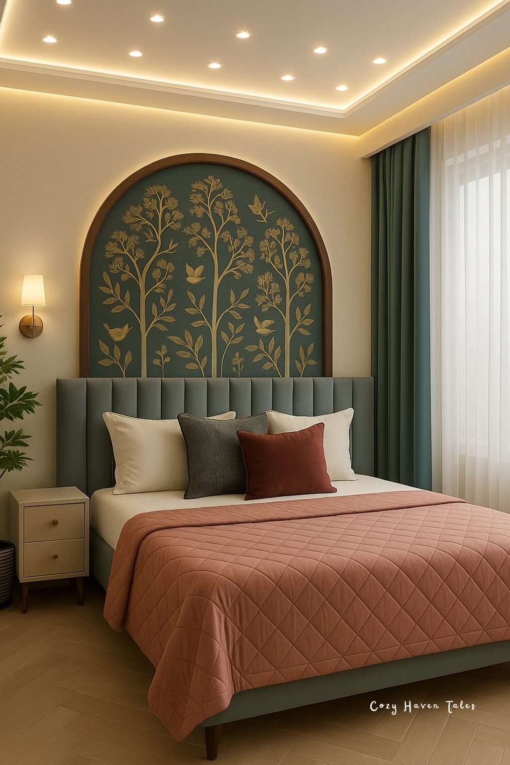 Elegant bedroom with an arched headboard, warm lighting, and layered textiles creating a calm, inviting atmosphere.
