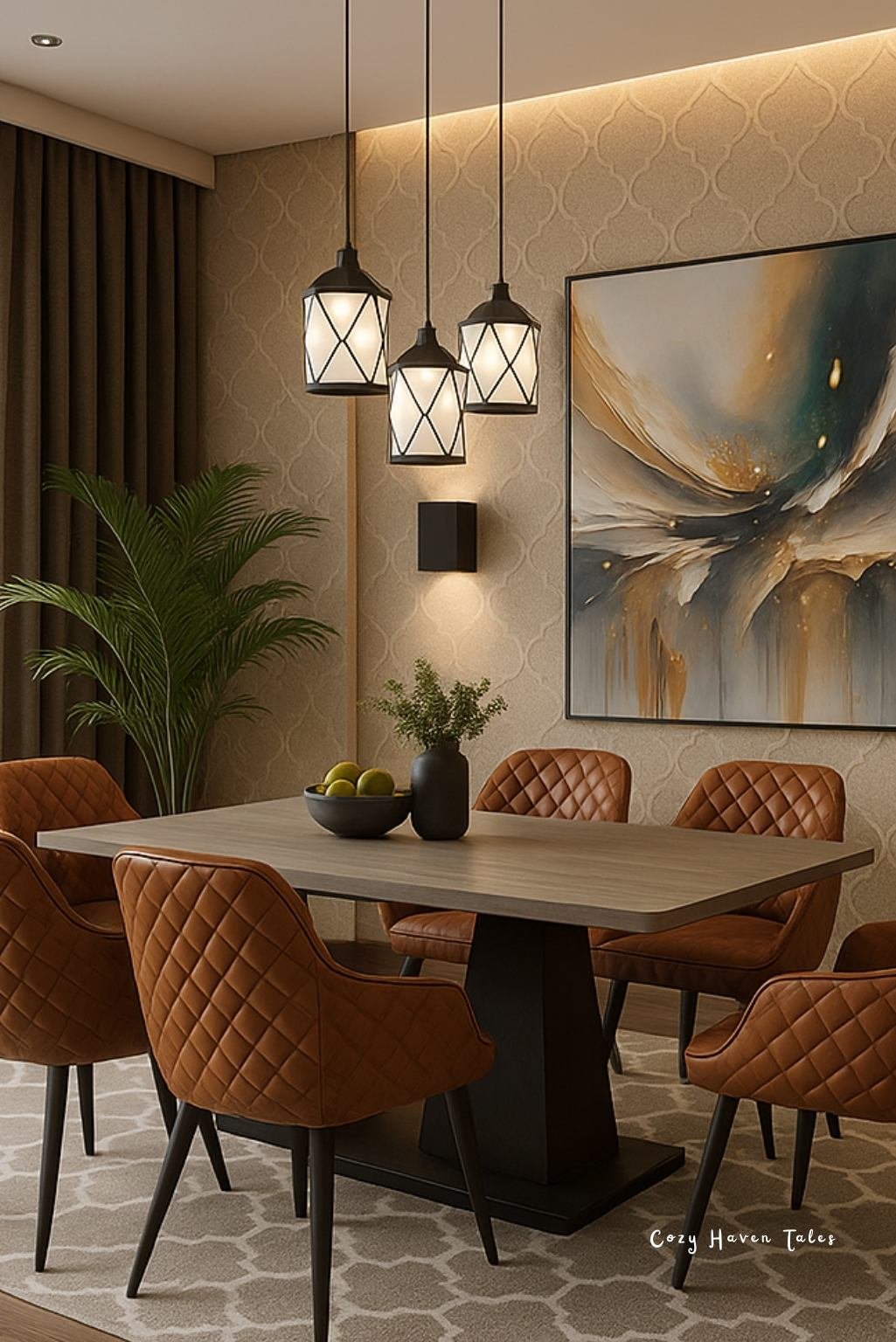 Modern dining area with sculptural pendant lights, warm wood finishes, and upholstered chairs.