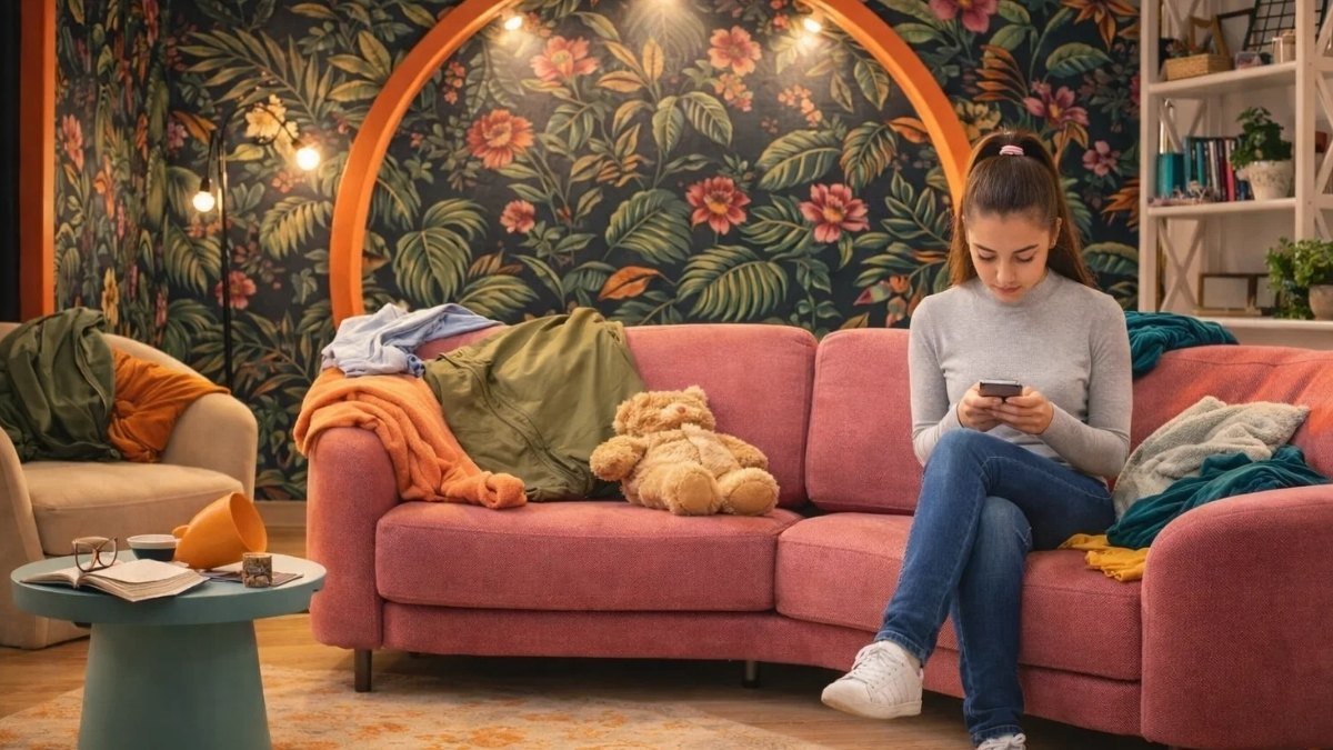 A cozy living room with a cluttered sofa, showing one of the 7 red flags your home has too much stuff despite feeling lived in