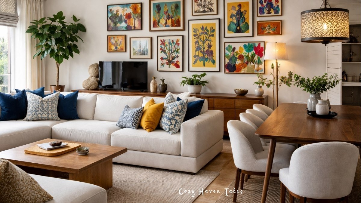 Modern living room dining room combo with white sectional sofa, wooden dining table, gallery wall art, and neutral decor.