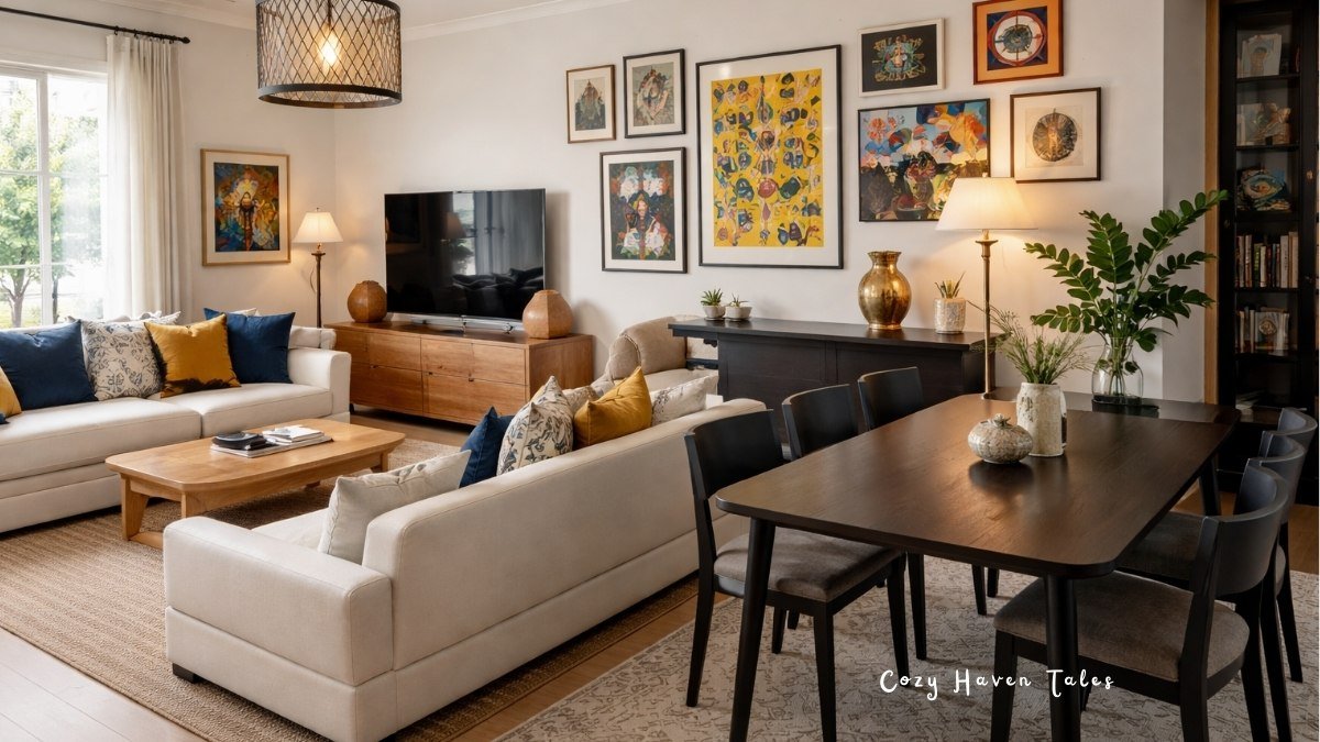 Contemporary living room dining room combo with sectional seating, dark wood dining table, and open layout design.