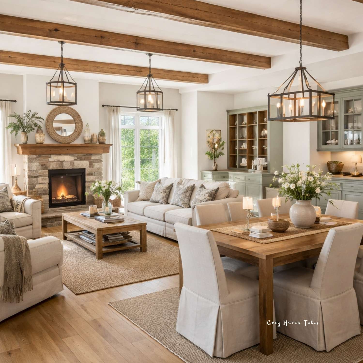 Farmhouse living room dining room combo with exposed beams, fireplace, and rustic dining table.