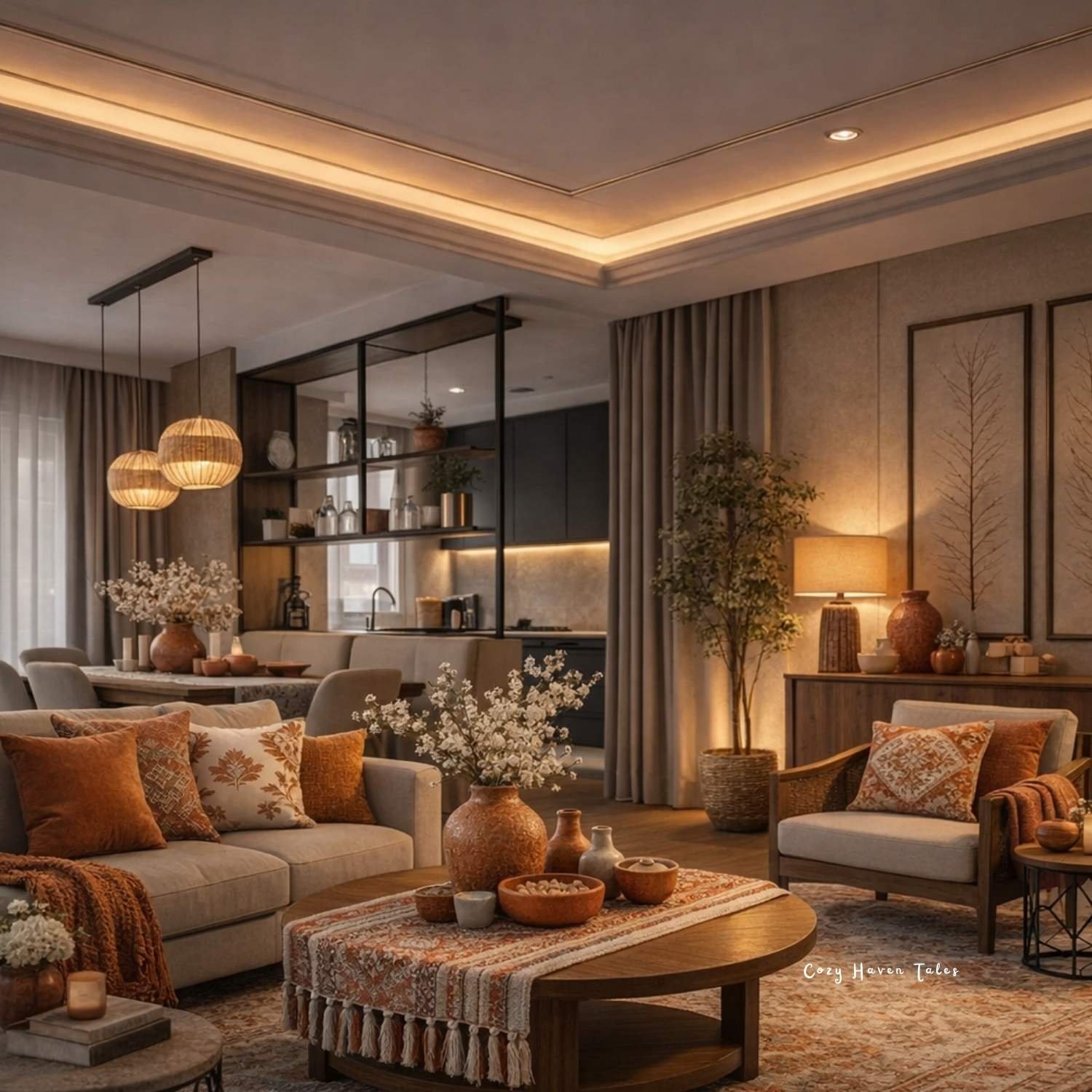 Warm neutral living room dining room combo with soft lighting, modern kitchen backdrop, and cozy sectional seating.