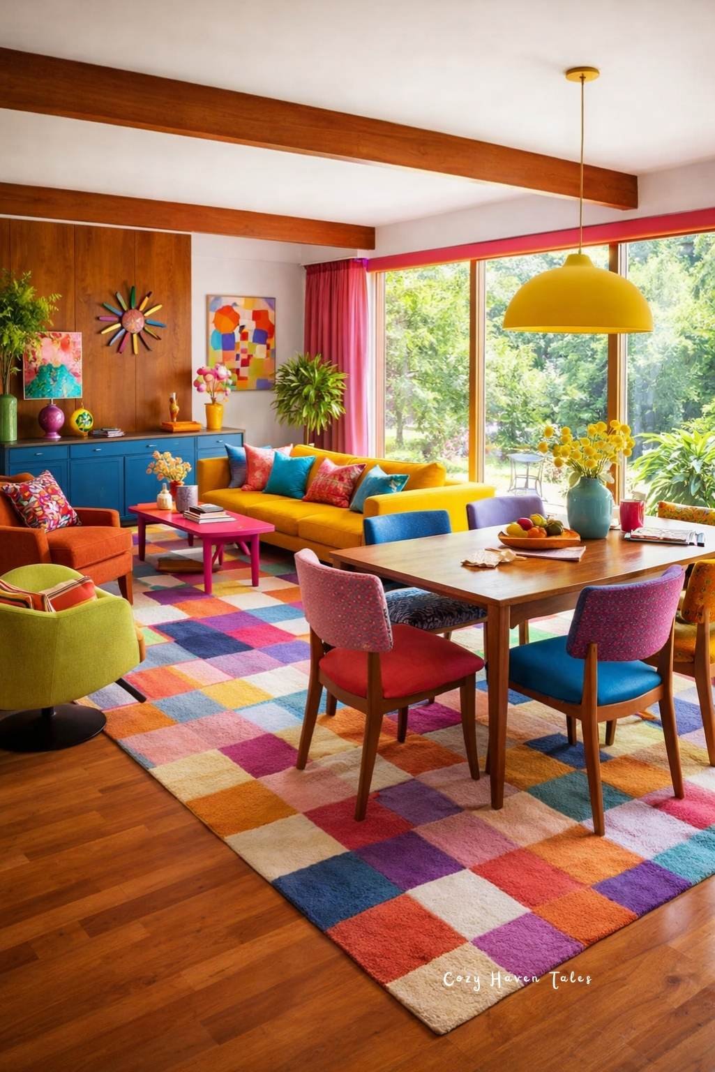 Colorful living room dining room combo with vibrant furniture, bold rug, and open-concept layout.