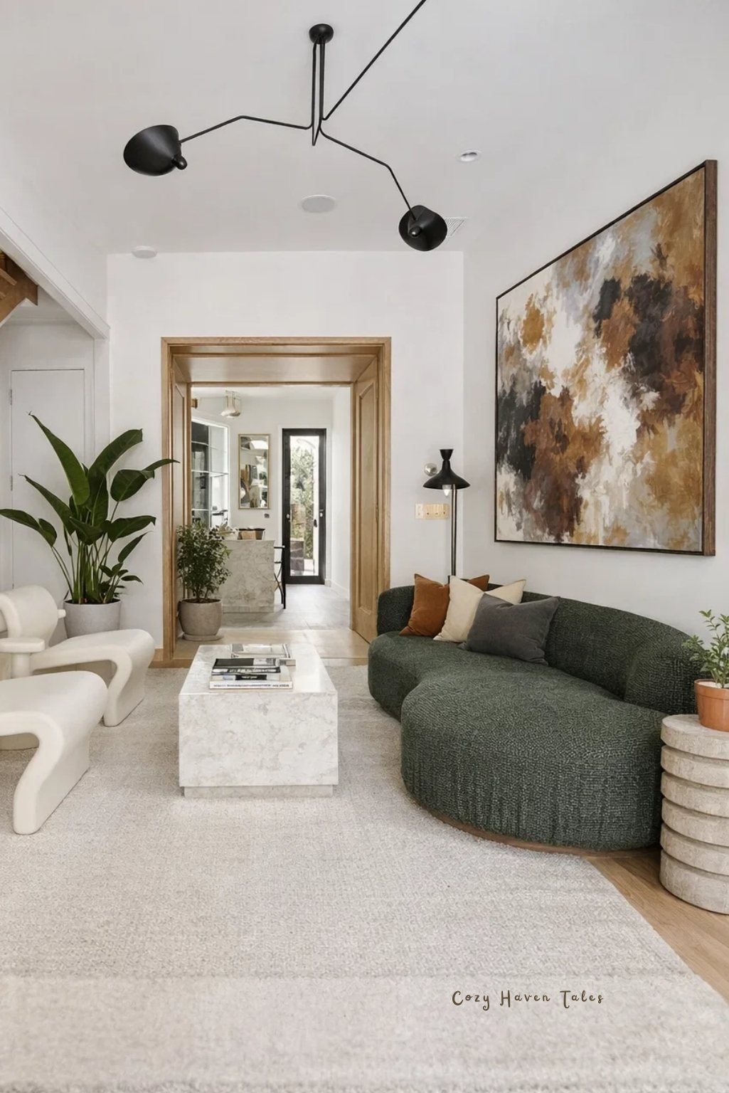 Modern living room showcasing interior design through furniture layout, lighting design, and balanced aesthetics.