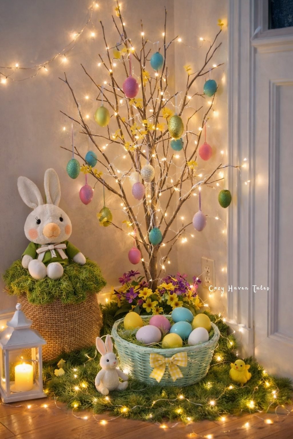Glowing spring branch centerpiece with hanging pastel eggs and bunny accents for elegant easter table decor.