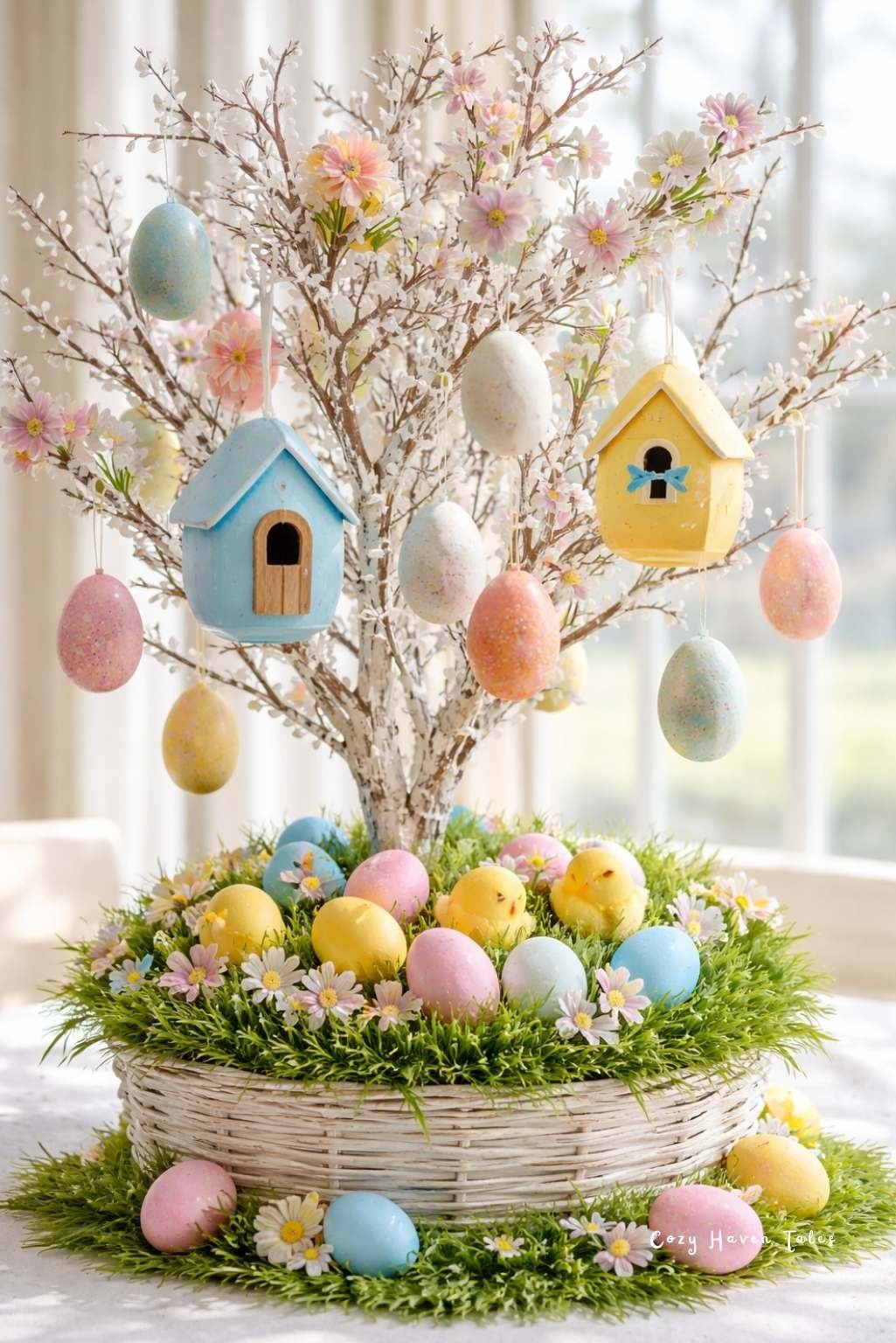 Spring branch arrangement with hanging pastel eggs and miniature birdhouses.