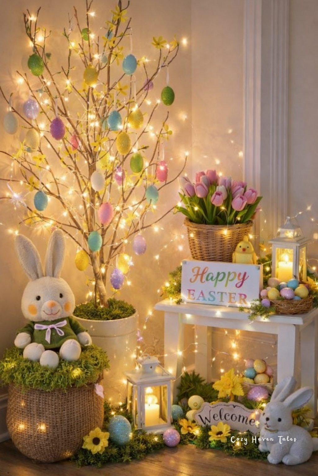 Illuminated Easter tree centerpiece with pastel eggs and bunny accents for festive easter table decor.