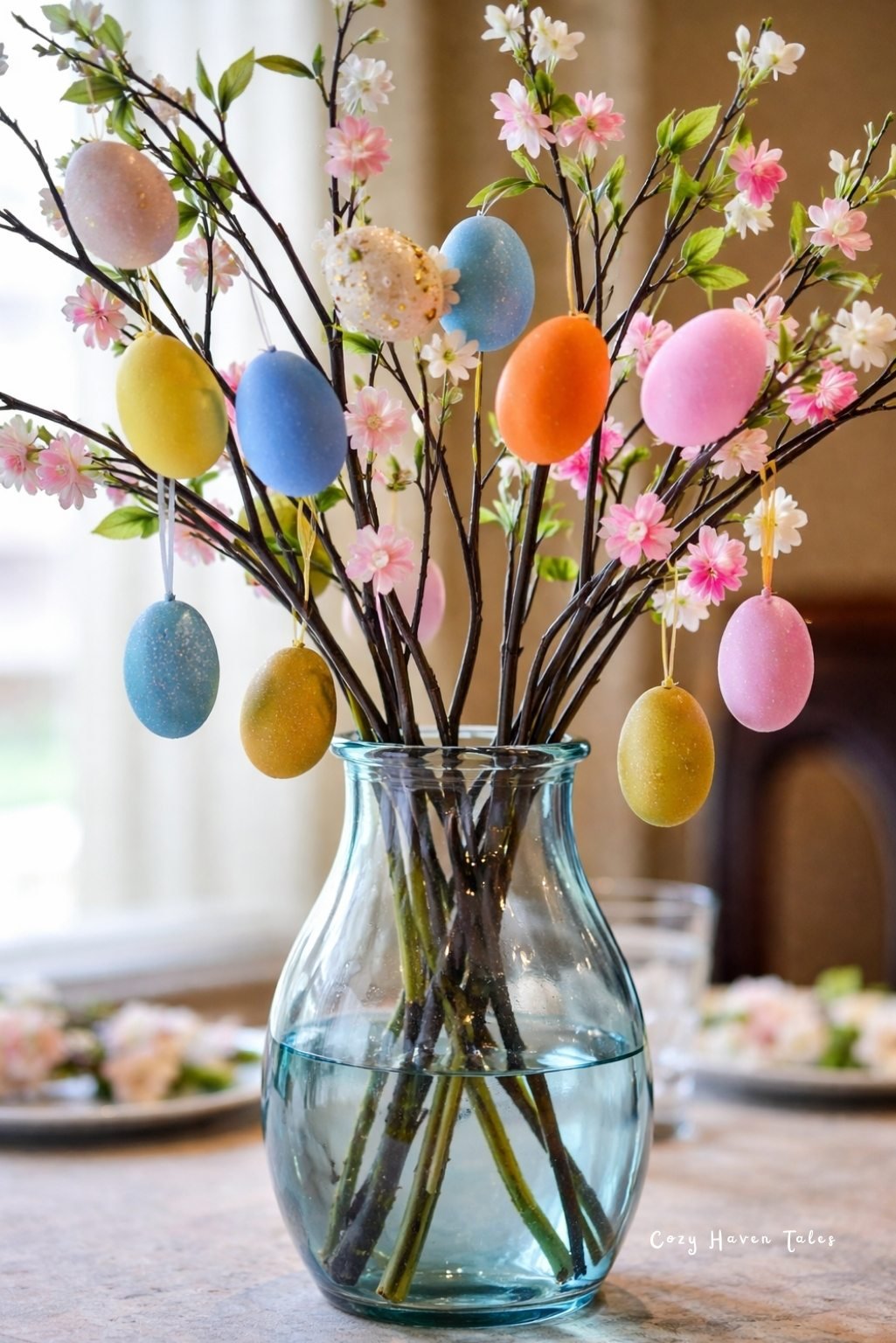Glass vase with blooming branches decorated with hanging pastel eggs.