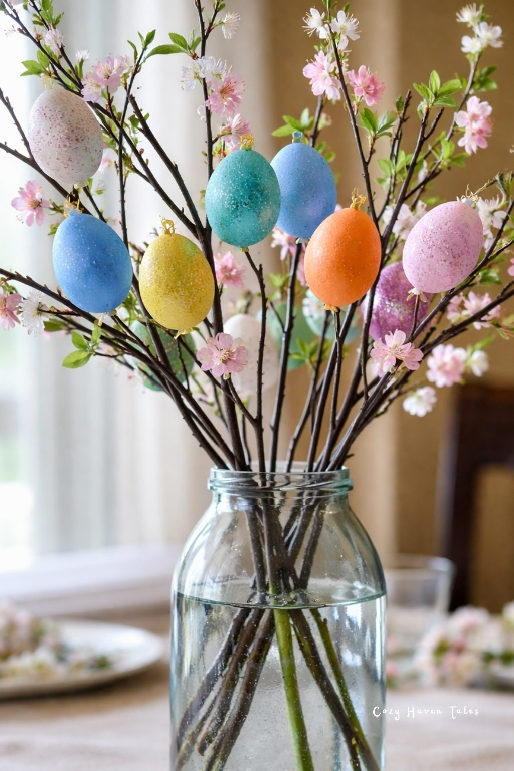 Glass vase with blooming branches and hanging metalic pastel eggs styled as fresh easter table decor.