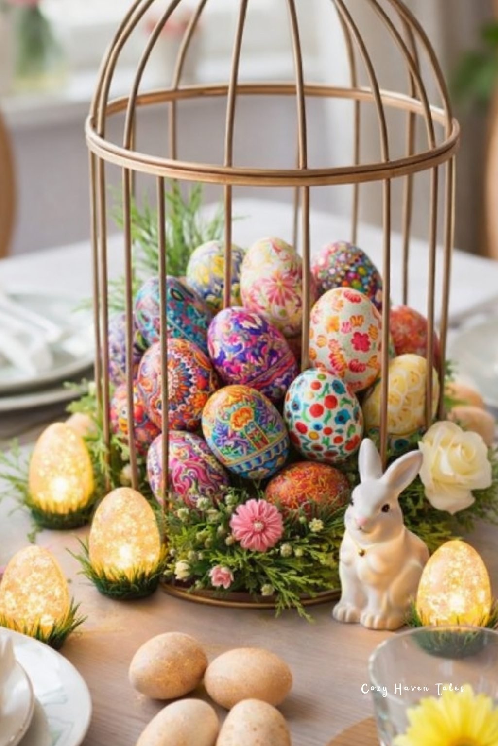 Decorative birdcage filled with speckled Easter eggs, flowers, and bunny figurine.