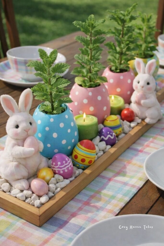 Spring tray arrangement with pastel egg vases, bunny figurines, and fresh greenery.