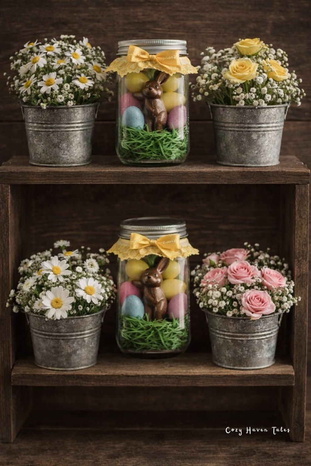 Rustic wooden shelves styled with potted flowers and Easter jars for cozy easter table decor.