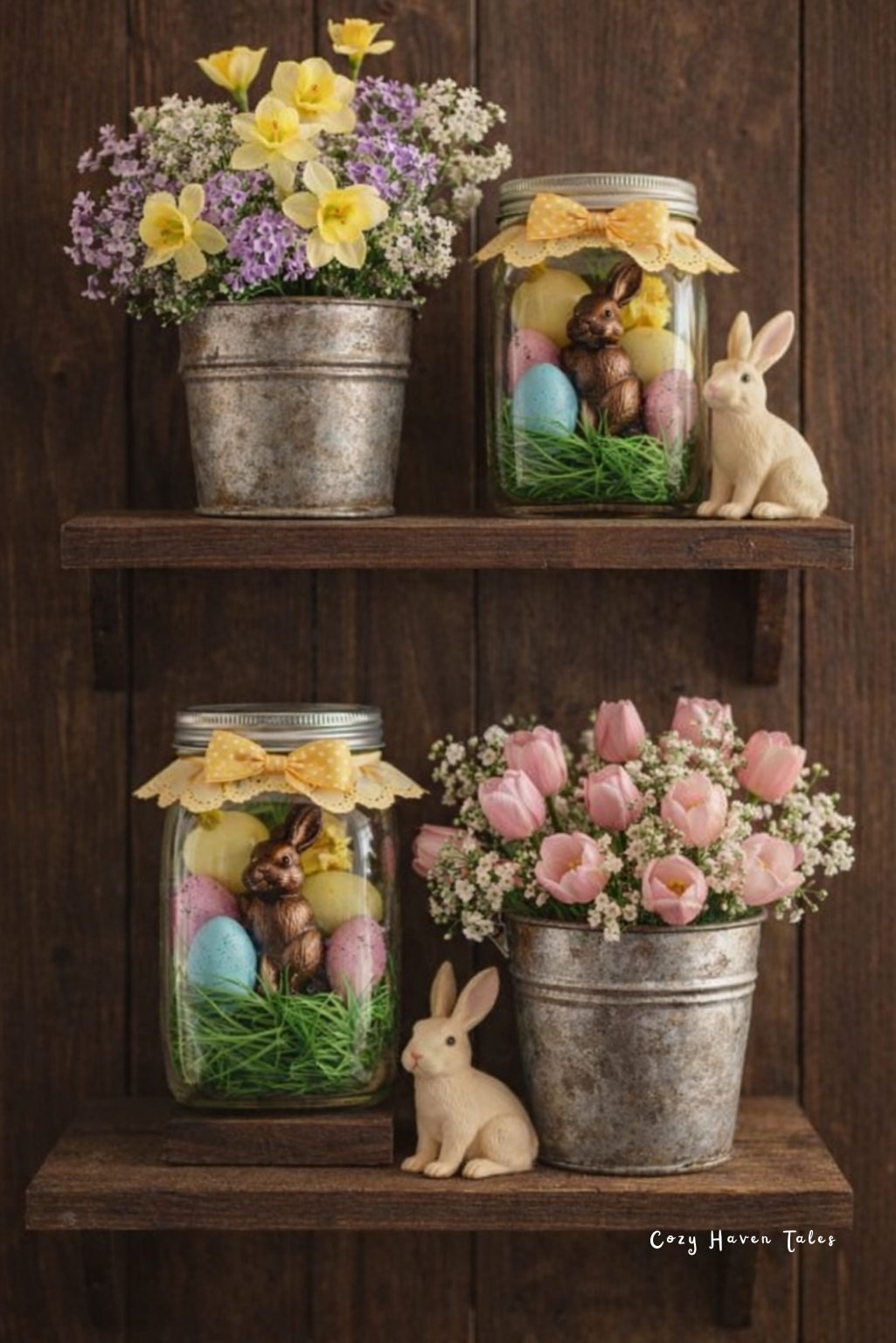Wooden shelf display with floral pots and decorative Easter jar centerpiece.