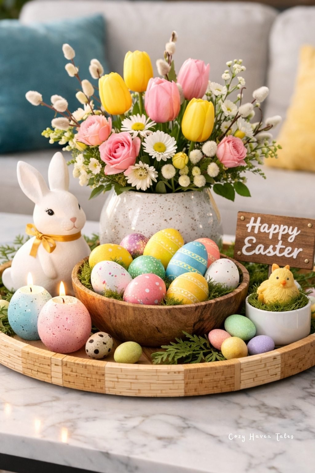 Spring floral arrangement with tulips and a tray of pastel Easter eggs and bunny figurines.