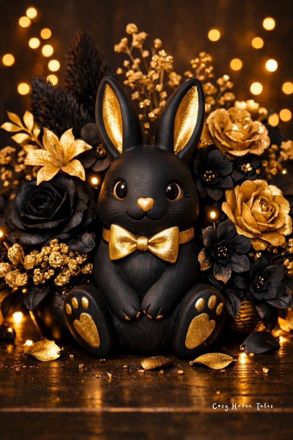 Black and gold bunny figurine with floral accents styled as dramatic easter table decor.