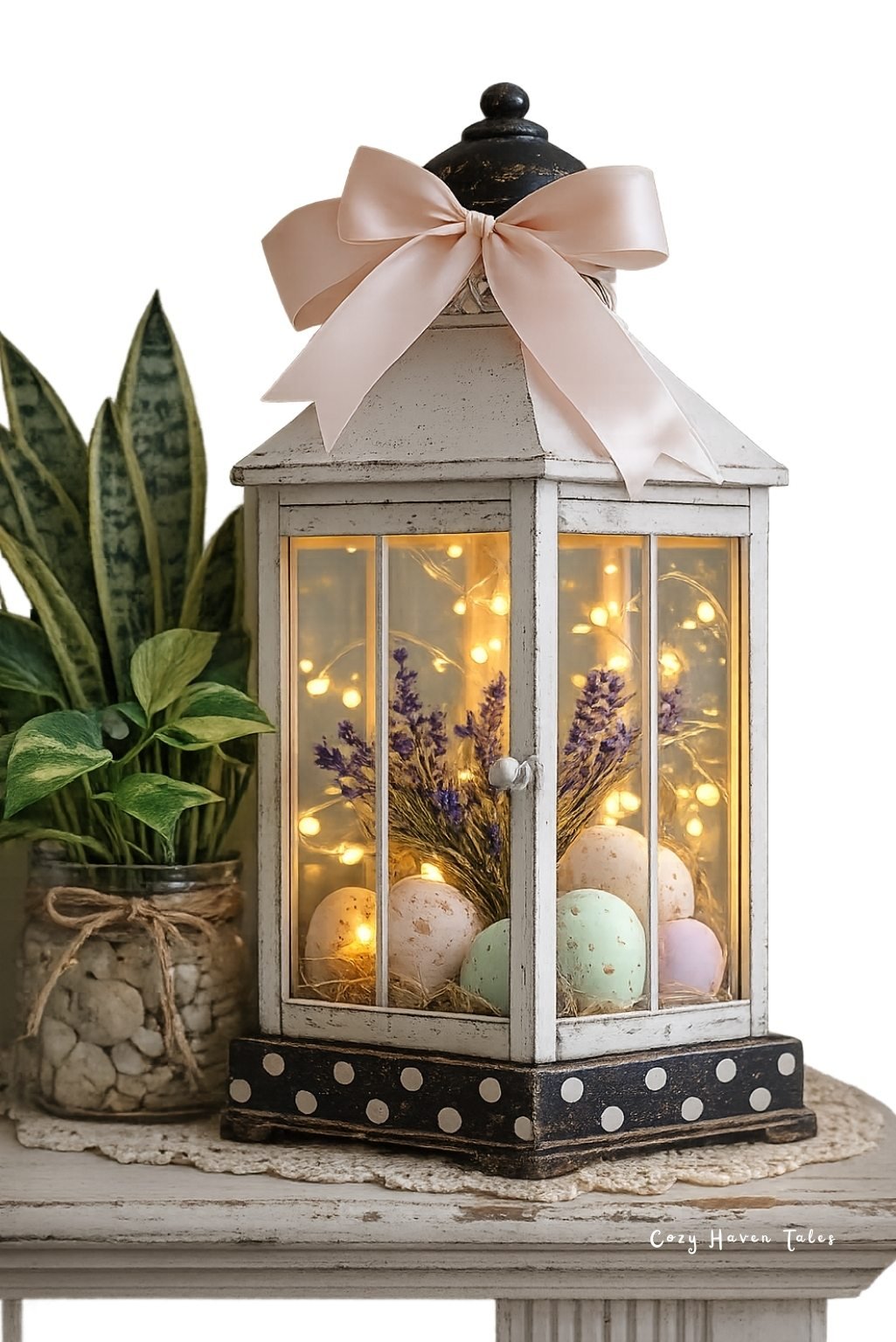 White lantern filled with pastel eggs and soft lighting for spring centerpiece.