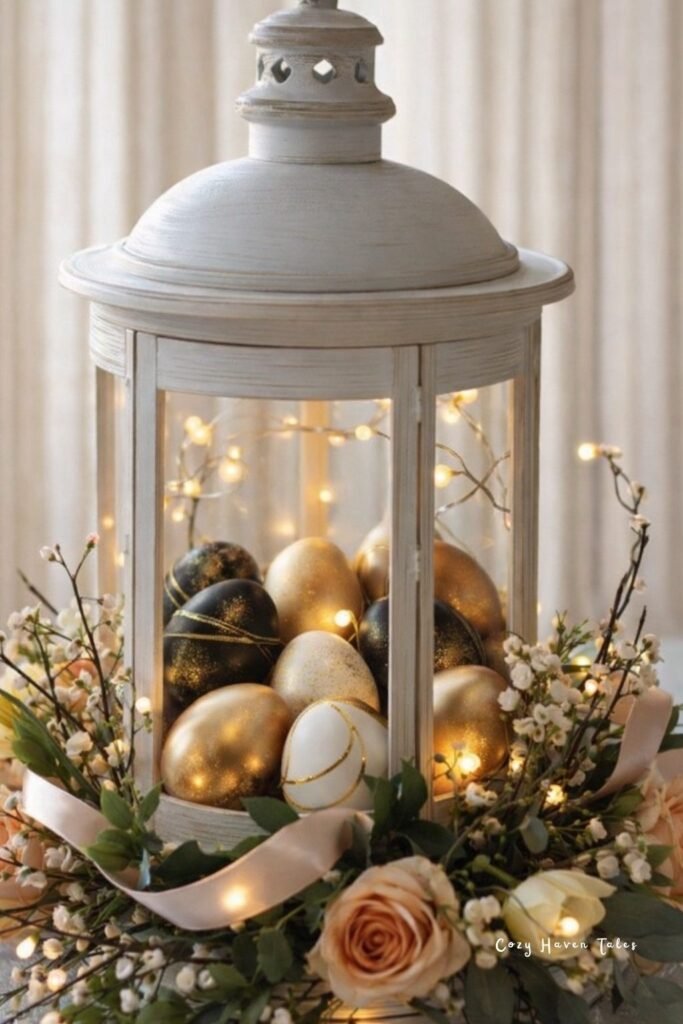White lantern centerpiece with gold eggs and florals for chic easter table decor.