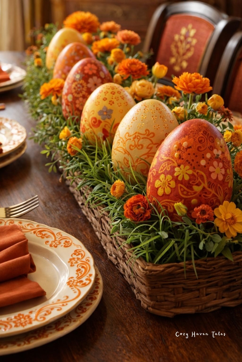 Rustic wooden box centerpiece with painted eggs and bright marigold flowers.