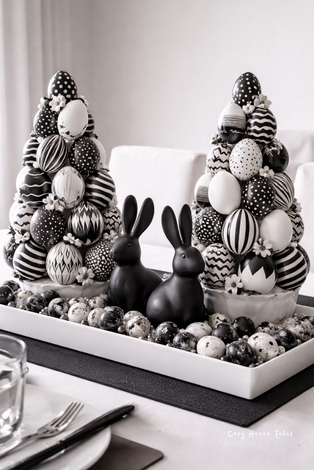 Modern black and white egg pyramid centerpiece styled as elegant easter table decor.