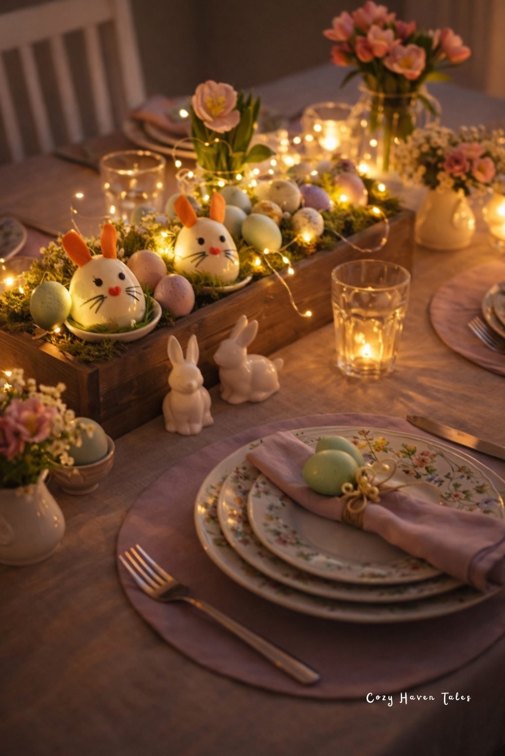 Warm candlelit Easter dinner table with fairy lights and floral accents.