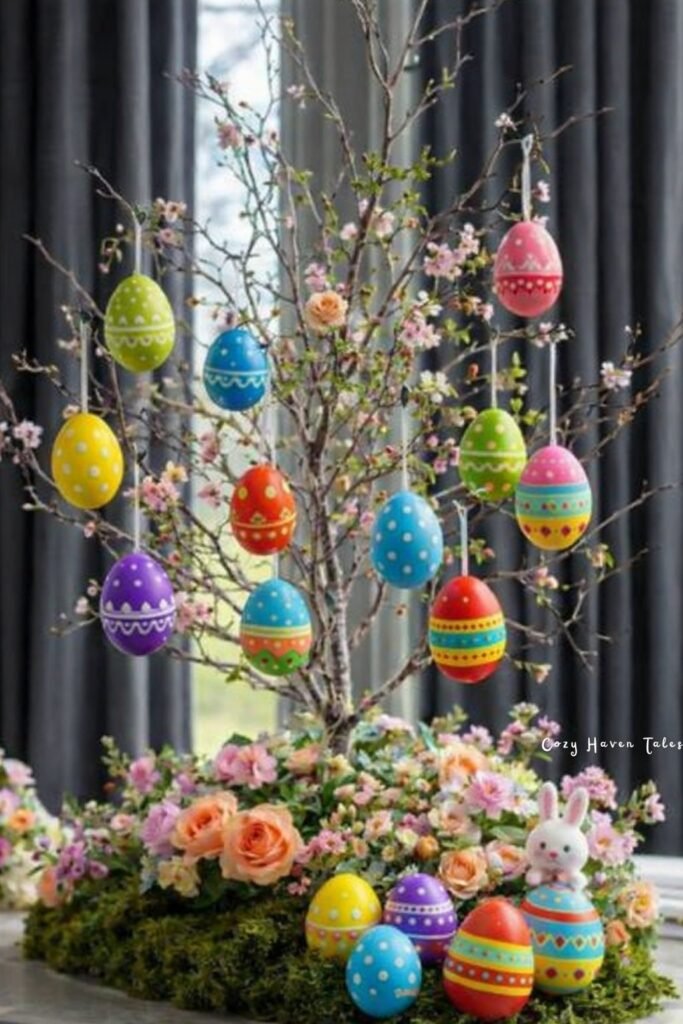 Spring branch display with colorful hanging eggs arranged as vibrant easter table decor.