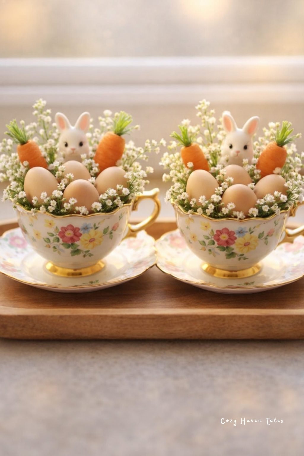 Teacup centerpieces filled with bunny toppers and pastel eggs.