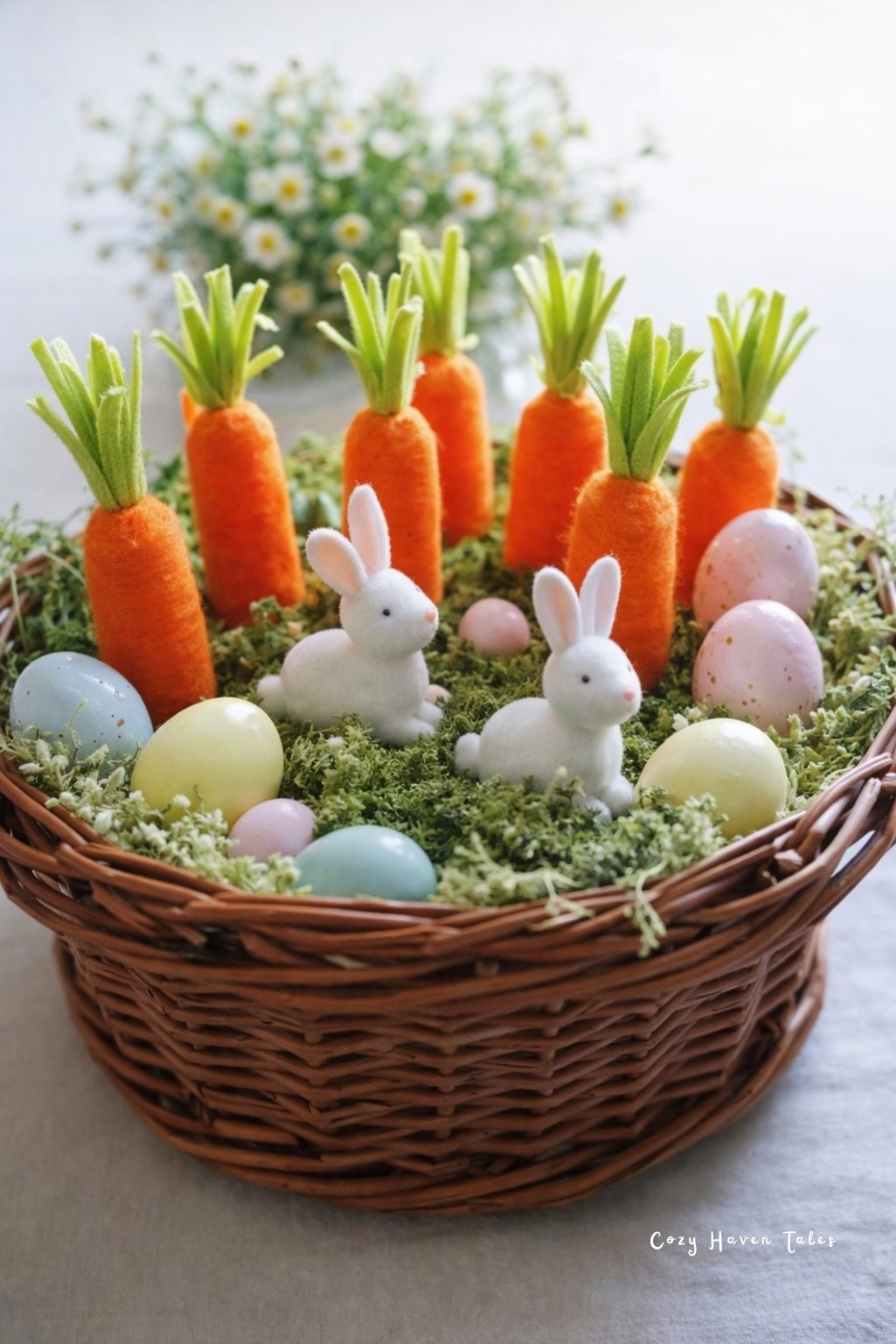 Wicker basket with carrot decorations, greenery, and pastel eggs for rustic easter table decor.