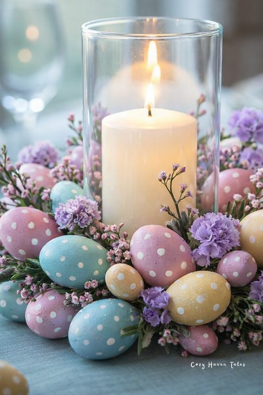 Lit candle centerpiece surrounded by pastel eggs and spring flowers for cozy easter table decor.