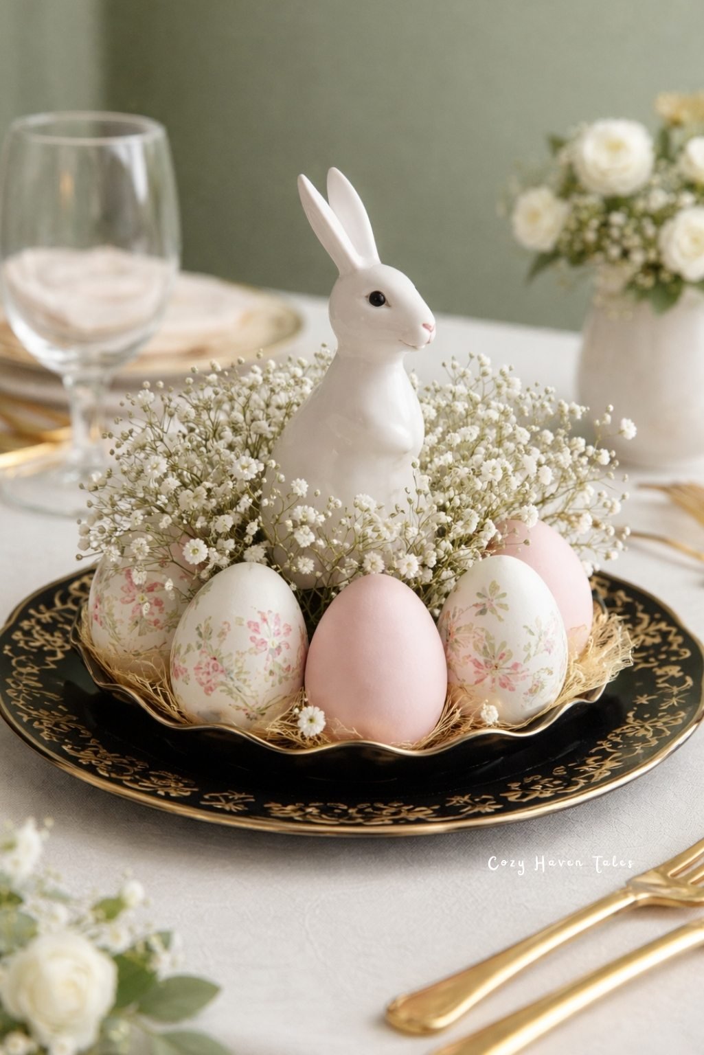White bunny figurine centerpiece surrounded by pastel eggs on elegant tableware.