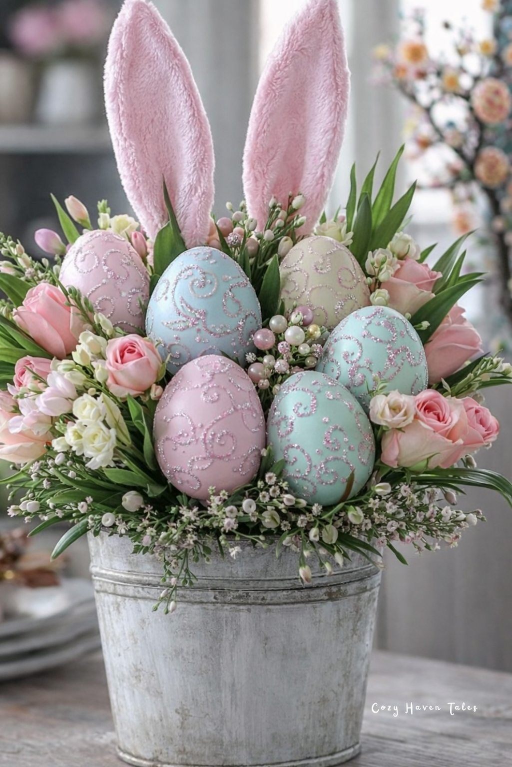 Metal planter filled with pastel eggs and bunny ears arranged as charming easter table decor.