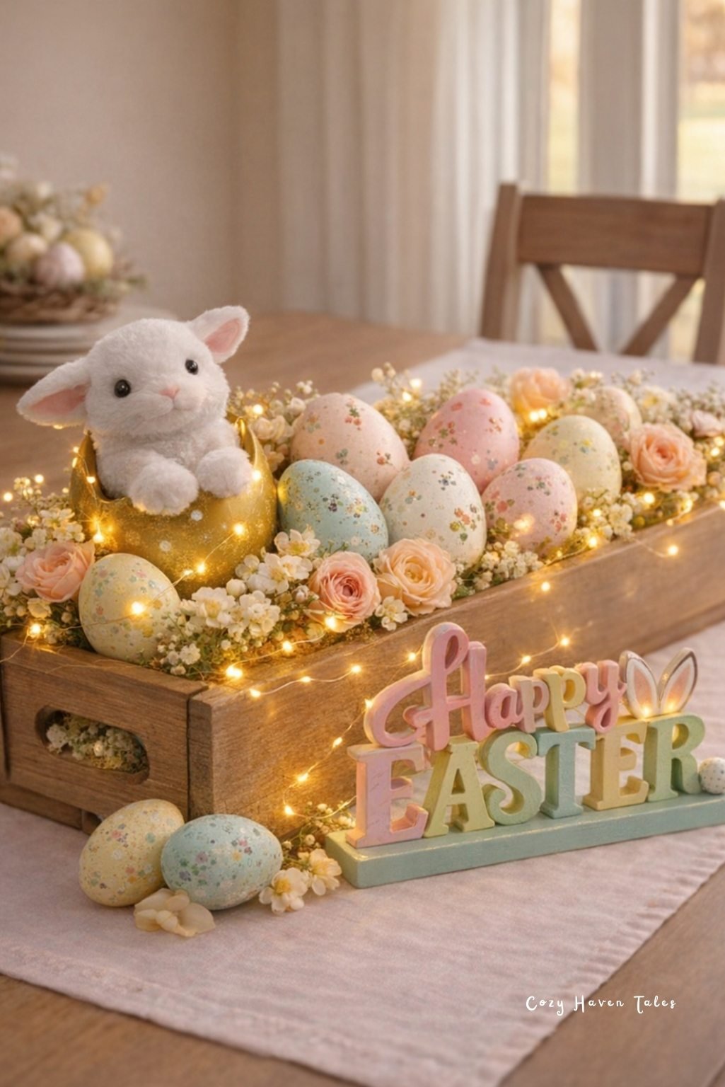 Wooden crate centerpiece with Easter eggs, plush bunny, and fairy lights.