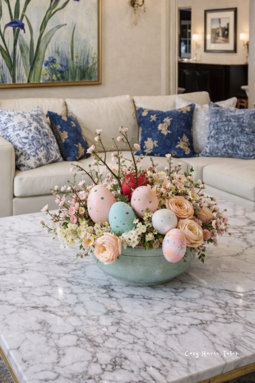 Elegant bowl arrangement with pastel eggs and florals styled as refined easter table decor.