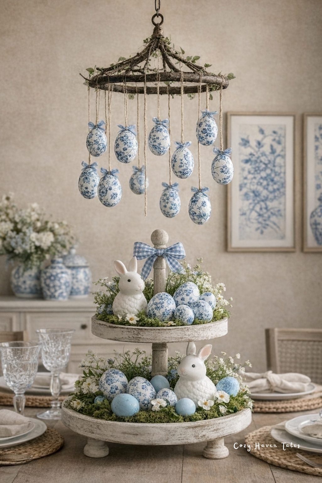 Tiered tray display with hanging egg ornaments and bunny figurines.