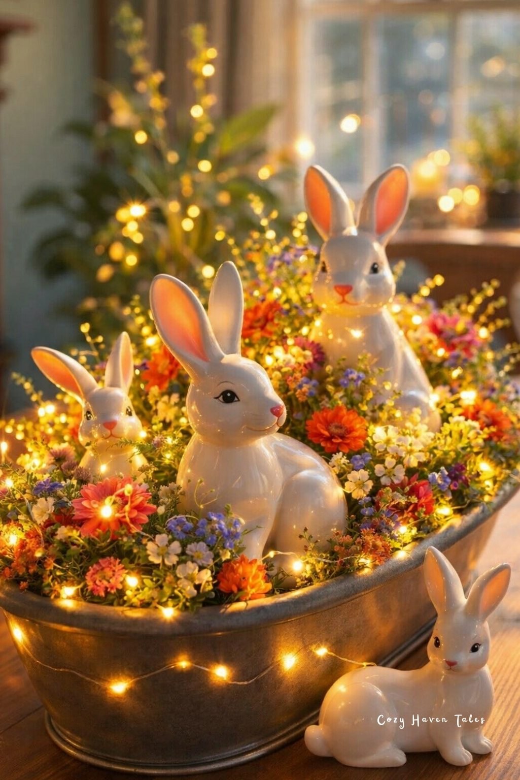 Glowing bunny centerpiece with fairy lights and floral accents in a bowl.
