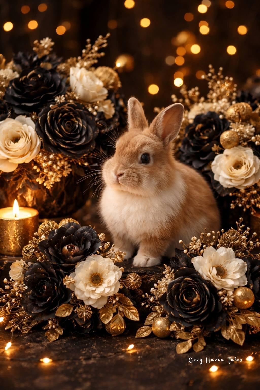 Small brown bunny surrounded by black and gold roses with warm glowing lights.