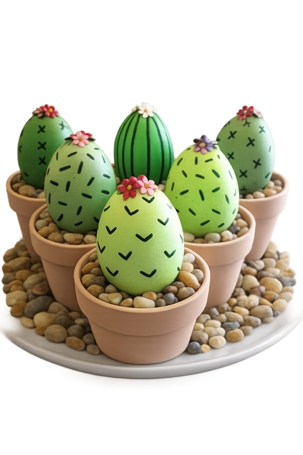 Decorative cactus-themed Easter eggs displayed in small terracotta pots.